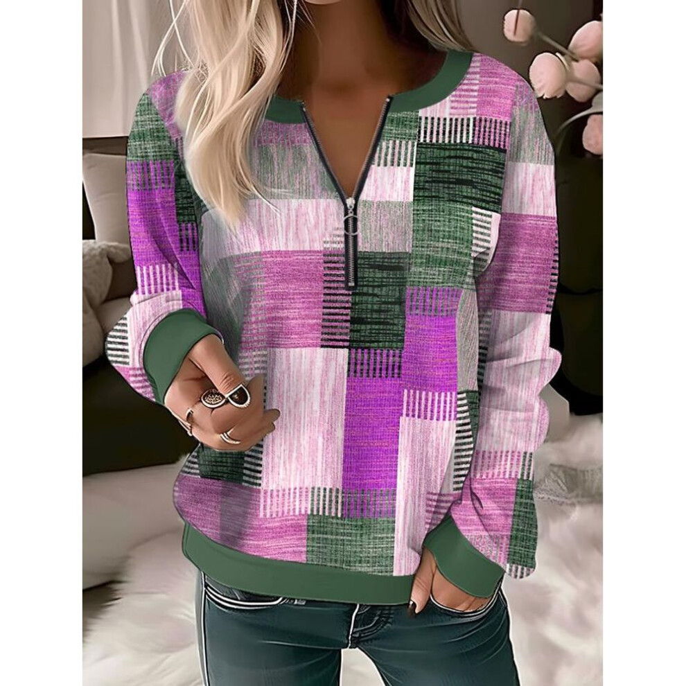 (5XL, purple) Women's Fashion Casual Spring Autumn Plaid Print Long Sleeve V-Neck Blouses & Shirts