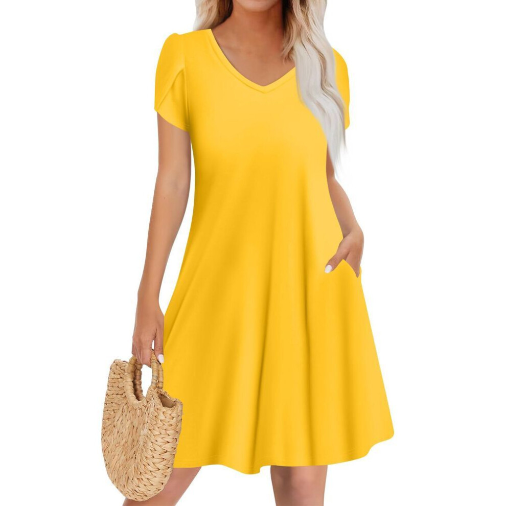 (orange, XXXL) Women's Casual Fashion V Neck Short Sleeve Dress Stylish Wedding Guest Dress