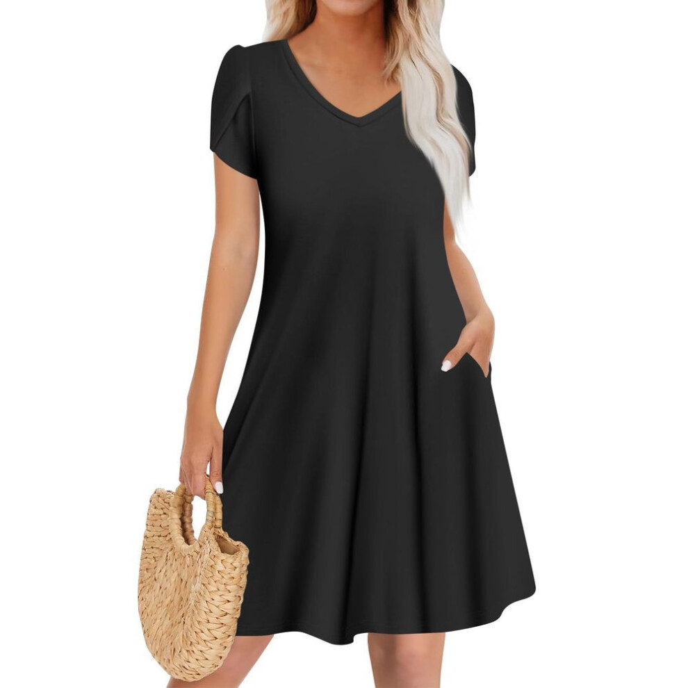 (black, L) Women's Casual Fashion V Neck Short Sleeve Dress Stylish Wedding Guest Dress