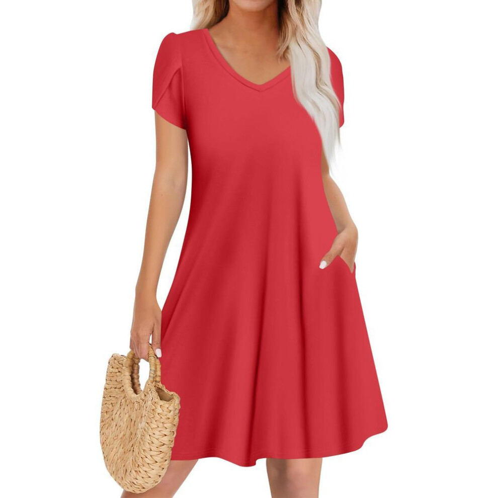 (vermilion, XXXL) Women's Casual Fashion V Neck Short Sleeve Dress Stylish Wedding Guest Dress