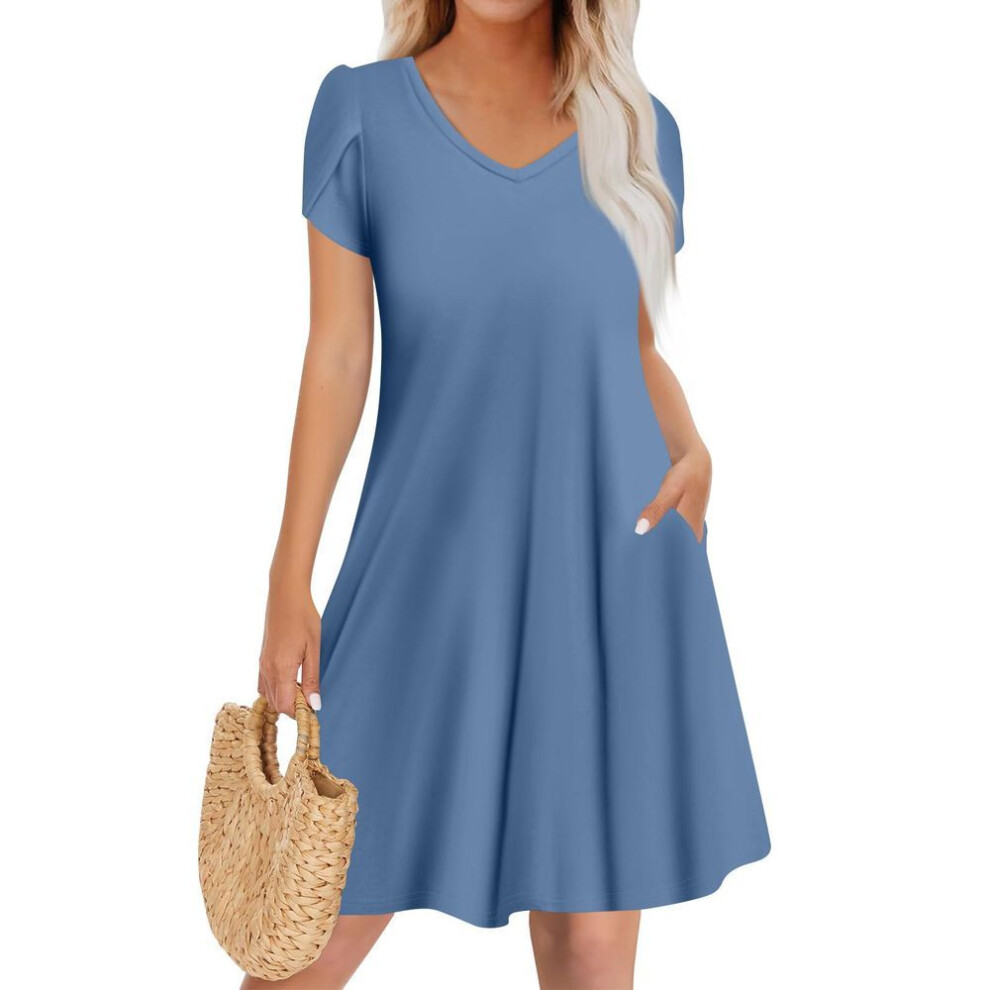 (blue, XS) Women's Casual Fashion V Neck Short Sleeve Dress Stylish Wedding Guest Dress