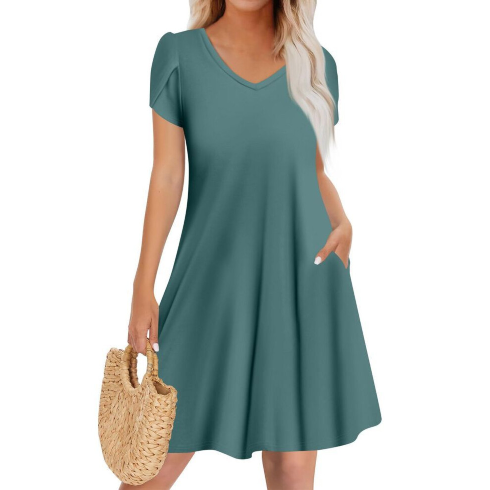 (dark green, S) Women's Casual Fashion V Neck Short Sleeve Dress Stylish Wedding Guest Dress