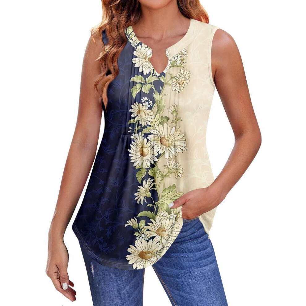 (XXL, navy) Womens Summer Tank Tops  Pleated V Neck Printing Casual  Top Tank Tops For Women Loose Fit Sleeveless Tunic Shirts