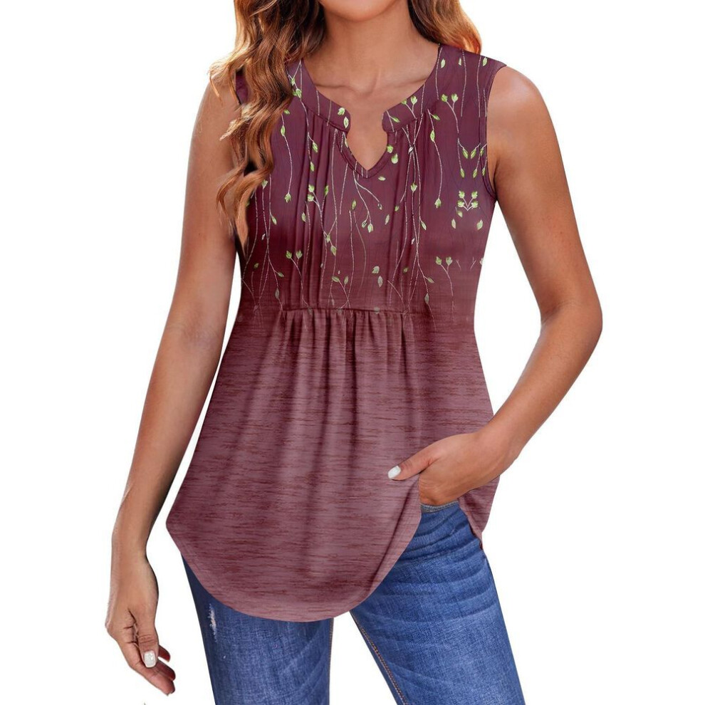 (S, wine) Womens Summer Tank Tops  Pleated V Neck Printing Casual  Top Tank Tops For Women Loose Fit Sleeveless Tunic Shirts