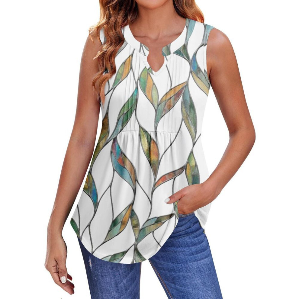 (L, white) Womens Summer Tank Tops  Pleated V Neck Printing Casual  Top Tank Tops For Women Loose Fit Sleeveless Tunic Shirts