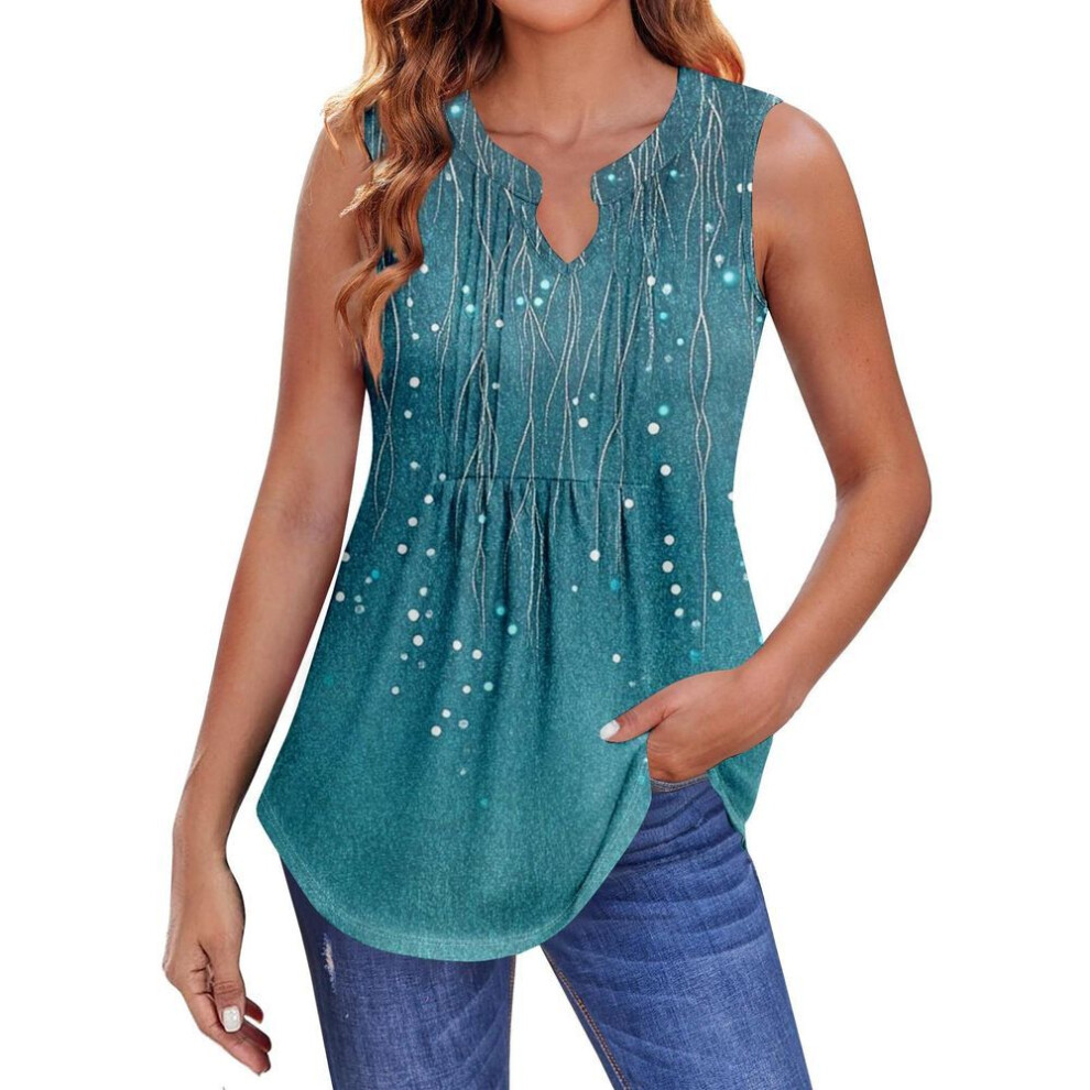(XL, cyan) Womens Summer Tank Tops  Pleated V Neck Printing Casual  Top Tank Tops For Women Loose Fit Sleeveless Tunic Shirts
