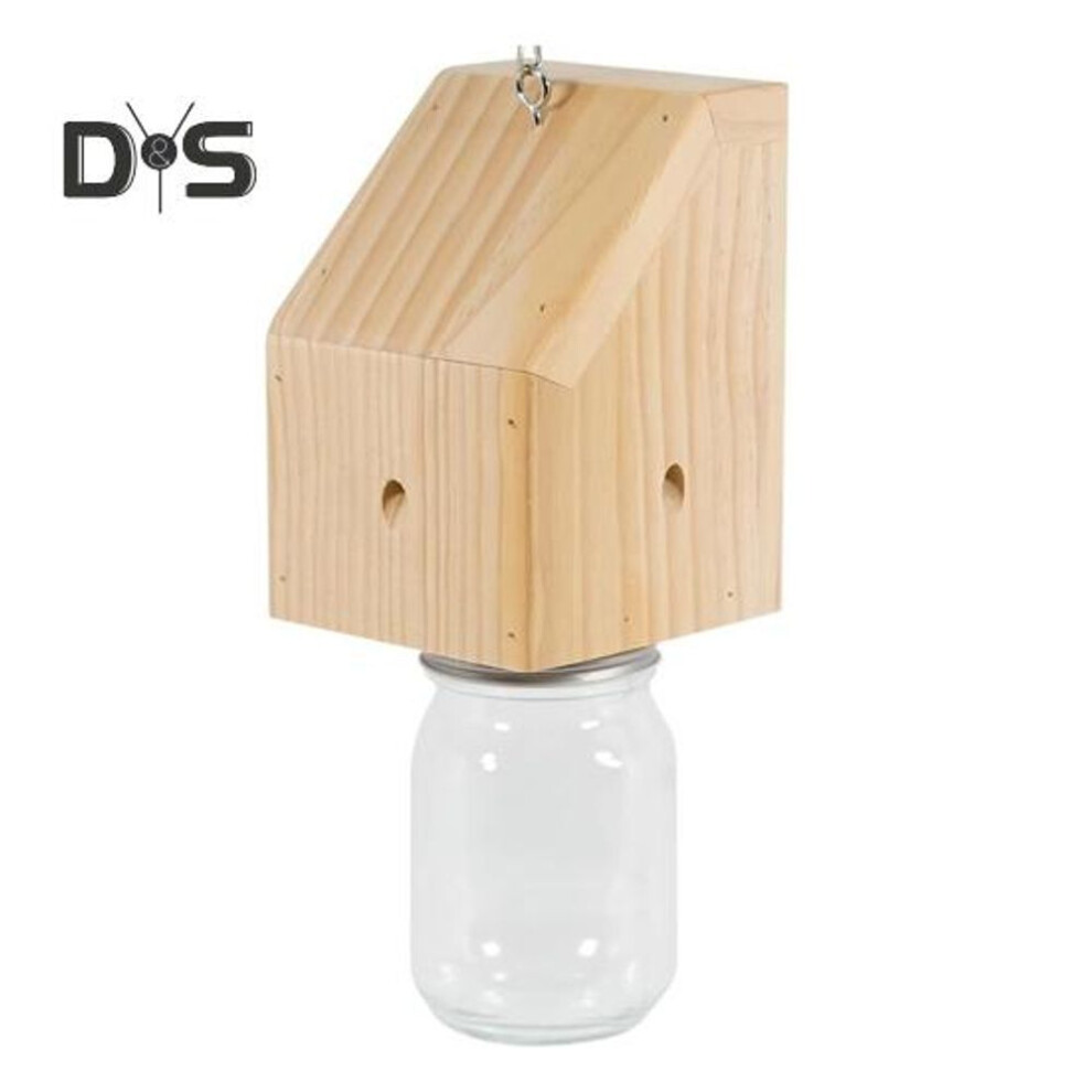 (as the picture, C) Wood Carpenter Bee Trap With Clear Bottle Outside Natural Wood Boring Bee Trap Weather-proof Outdoor Hanging Bee Catcher