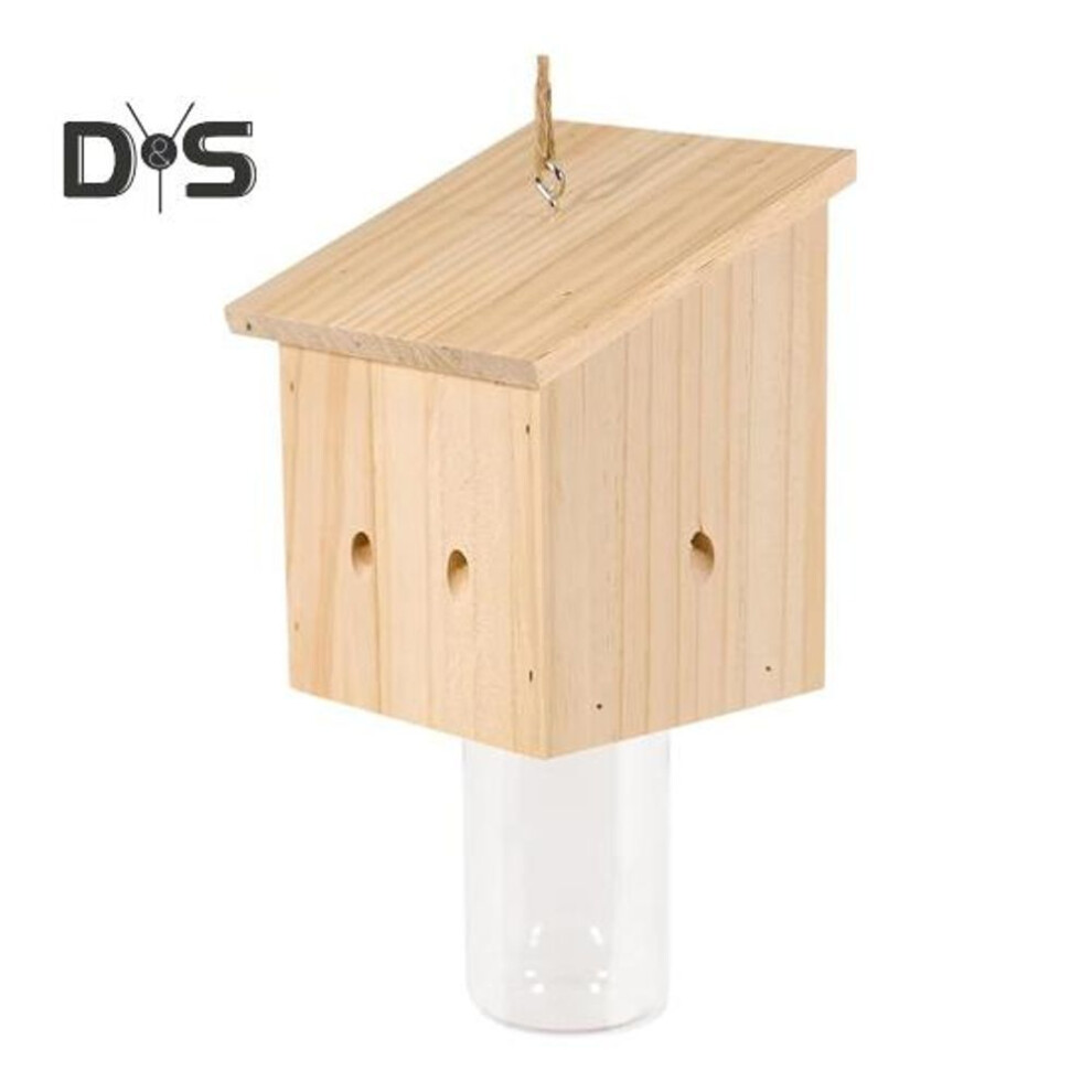 (as the picture, B) Wood Carpenter Bee Trap With Clear Bottle Outside Natural Wood Boring Bee Trap Weather-proof Outdoor Hanging Bee Catcher