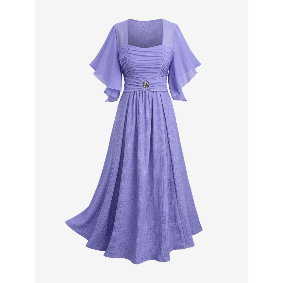(light purple, 3XL) Rosegal Plus Size Ruched Buckle Butterfly Sleeves Plisse Dress