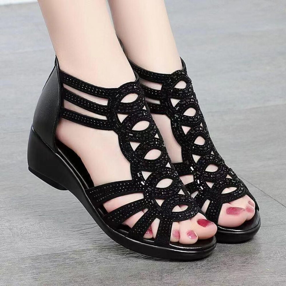 (black, 41) "women's Soft Leather Wedge Heel Roman Sandals: Stylish 2022 Summer Footwear