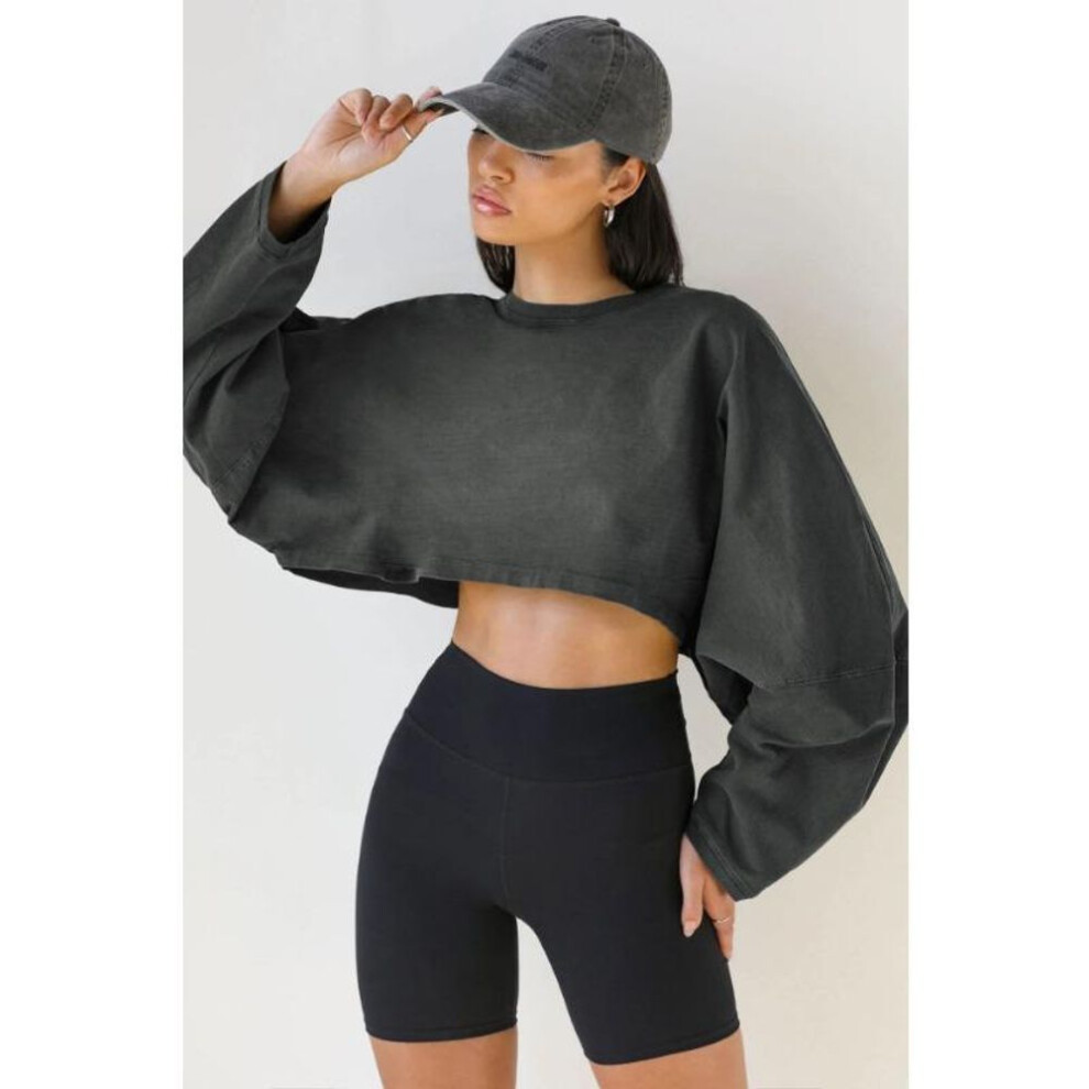 (L, dark gray) 2025 Fashion Crew Neck Long Sleeved Sweater Knitted Bottoming Short T-shirt Streetwear Crop Tops Casual Simple Sweatshirt Women's Clothing 3719