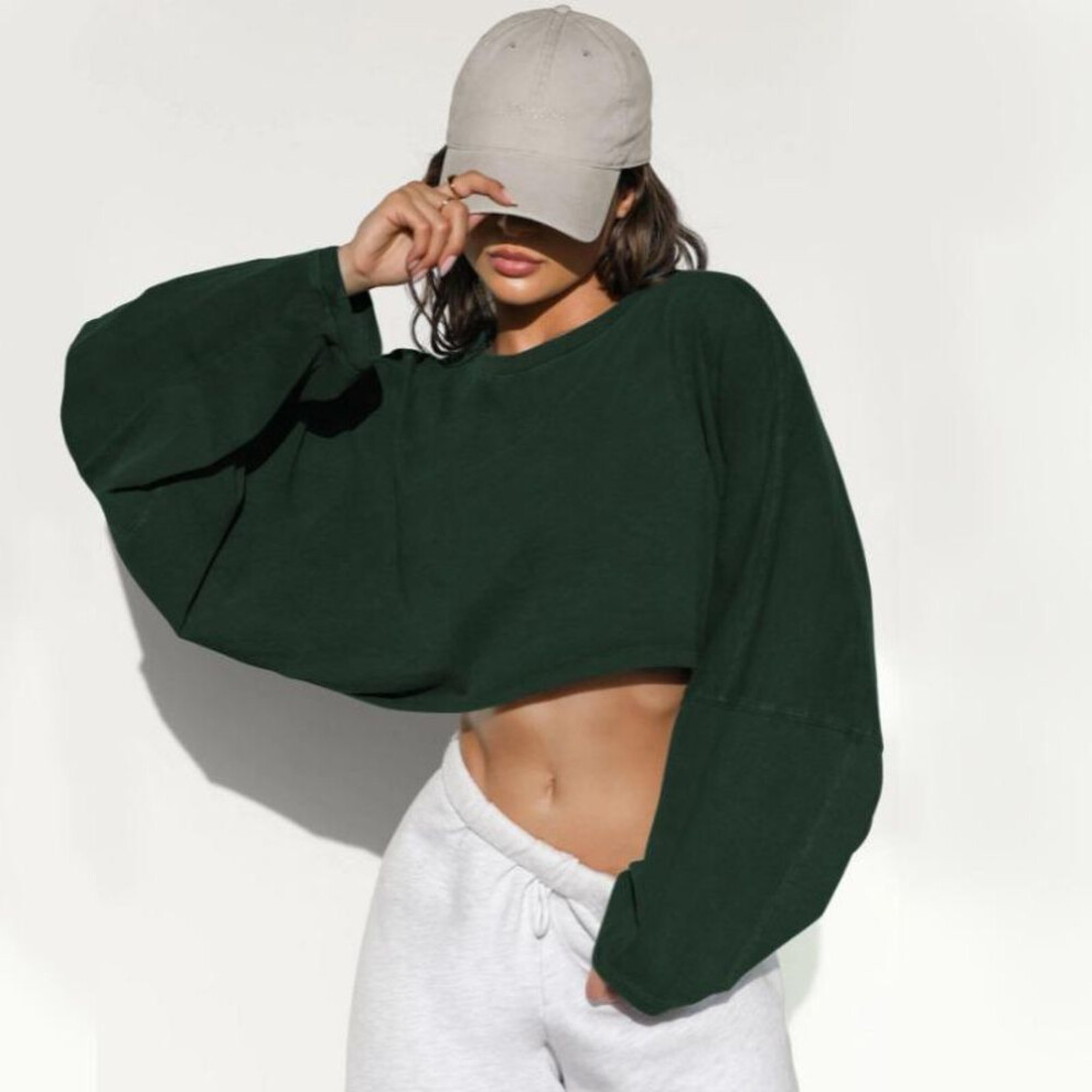(M, dark green) 2025 Fashion Crew Neck Long Sleeved Sweater Knitted Bottoming Short T-shirt Streetwear Crop Tops Casual Simple Sweatshirt Women's Clothing 3719