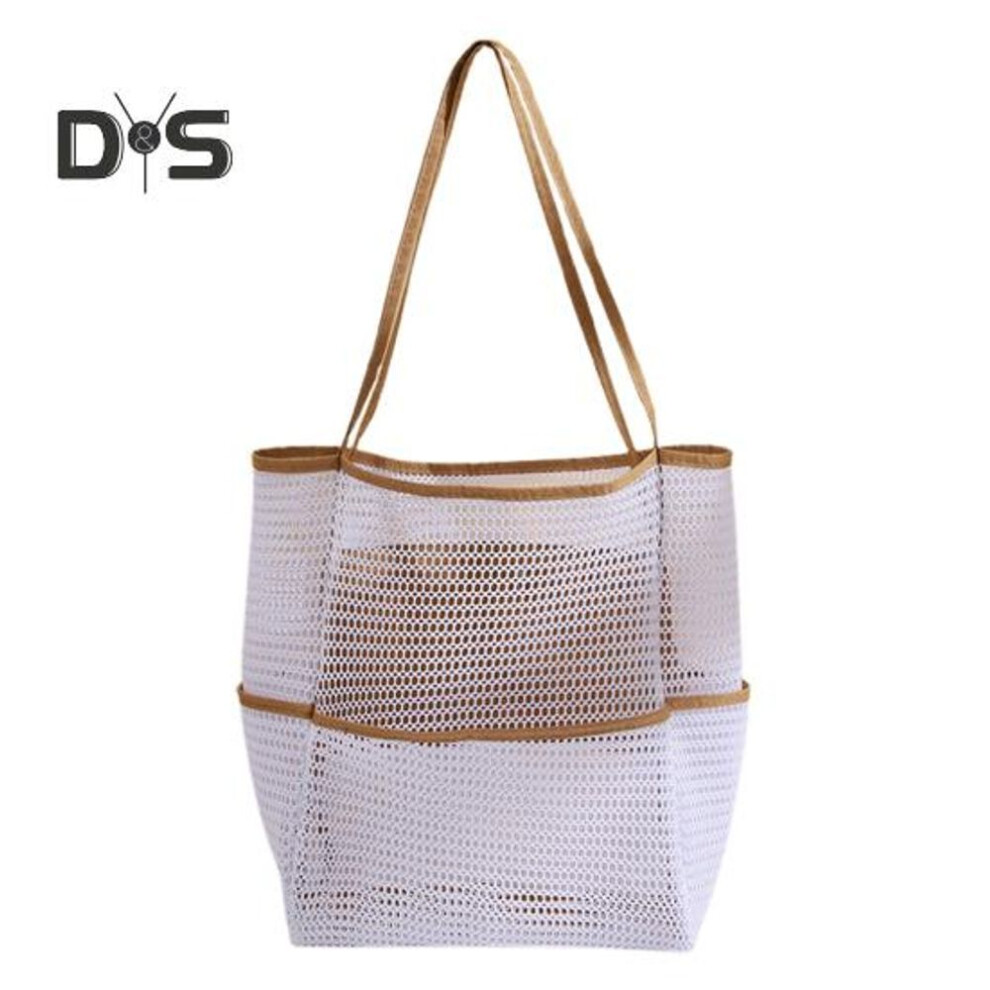 (white,yellow) Travel Mesh Tote Bag With Large Pocket Large Capacity Water Resistant Sand-proof Woven Shoulder Handbag Beach Bag