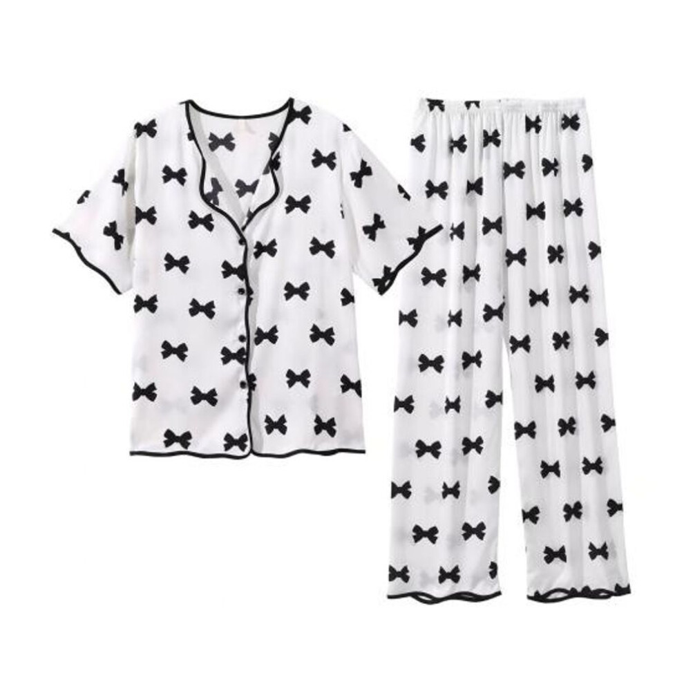 (M, black) 2 Pcs/set Satin Pajamas Bow Printing V Neck Button-down Plus Size Long Sleeve Shirt Elastic Waist Wide Leg Trousers Homewear Casual Outfit