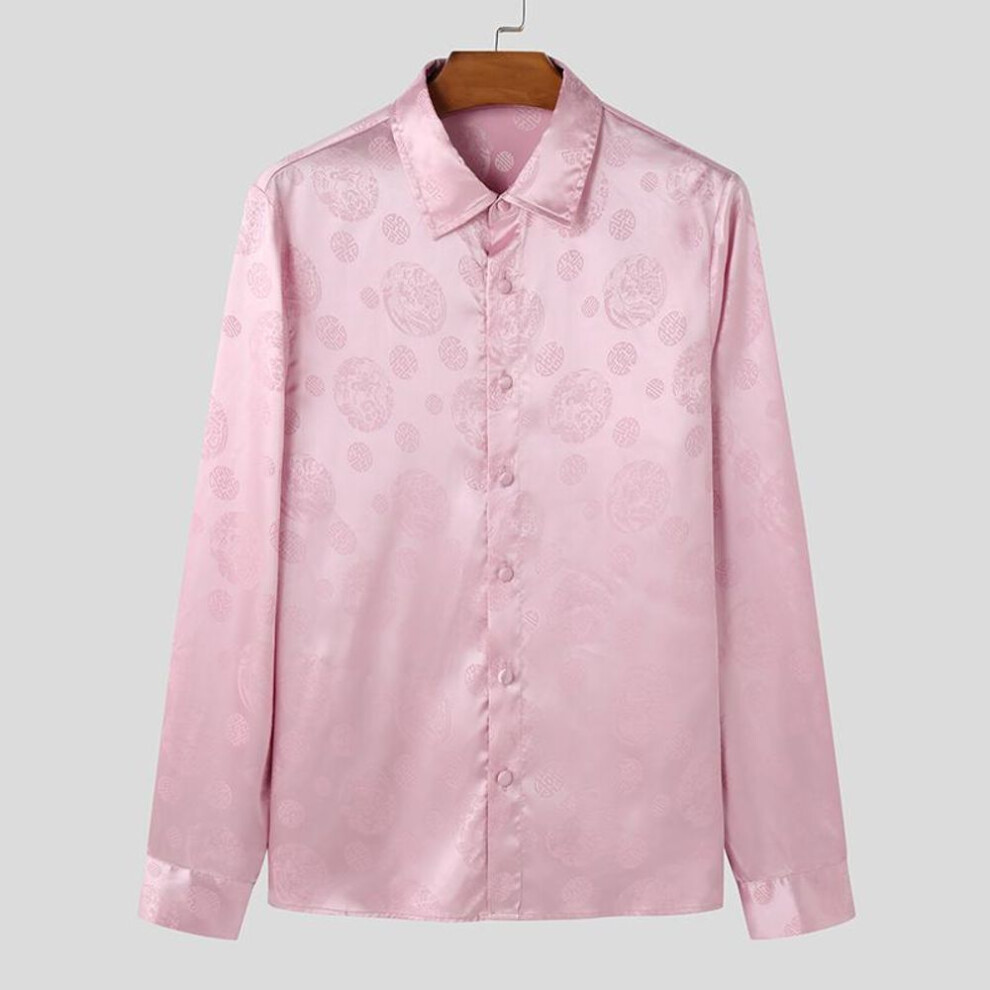 (S, pink) INCERUN Men Lapel Neck Long Sleeve Buttons Floral Print Satin Casual Loose Shirts