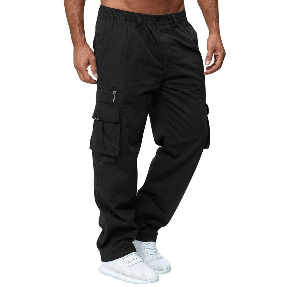 (black, S) Men's Casual Multi Pocket Loose Straight Leg Workwear Pants, Outdoor Pants, Fitness Pants