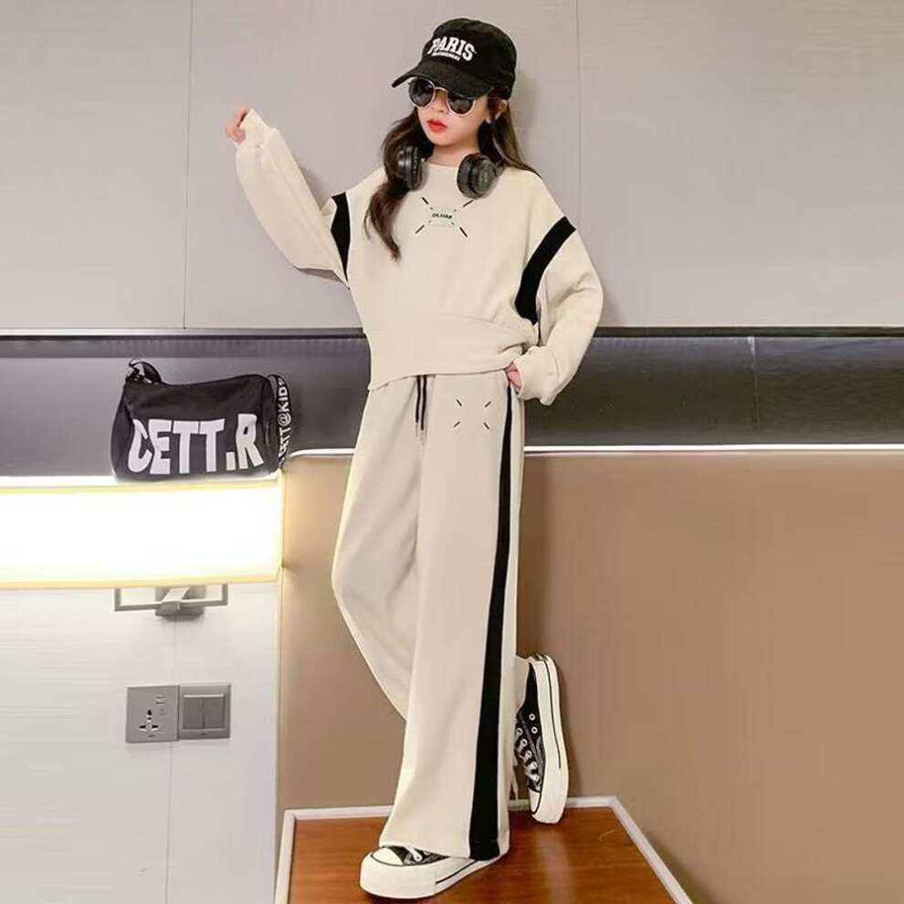 (off-white, 140cm) Girls' Spring Sports Suit: Stylish Loose Sweatshirt & Sweatpants Two-piece Set For Children