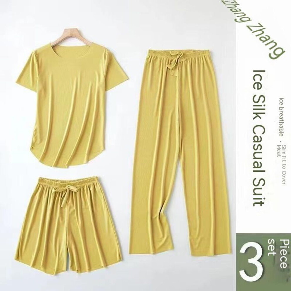 (40-75kg, yellow) Summer Ladies Ice Silk Pajamas Three-Piece Set of Female Spring and Summer Loose Set of Female Casual Short-Sleeved Homewear