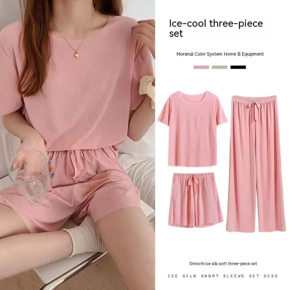 (40-75kg, pink) Summer Ladies Ice Silk Pajamas Three-Piece Set of Female Spring and Summer Loose Set of Female Casual Short-Sleeved Homewear