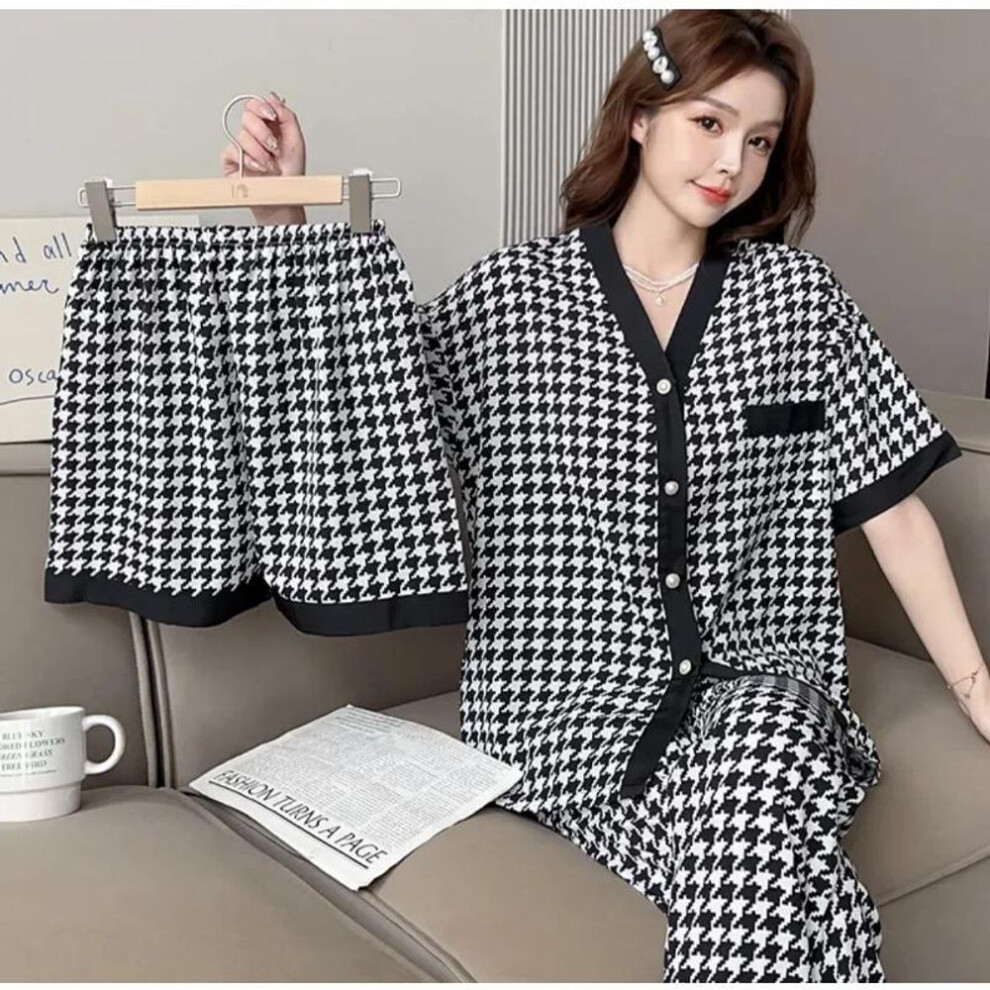 (XL, black) 3 Sets of Wahl Mian Sweet Pajamas Homewear Casual Wear Women Short-Sleeved Summer Sweet Loose Homewear