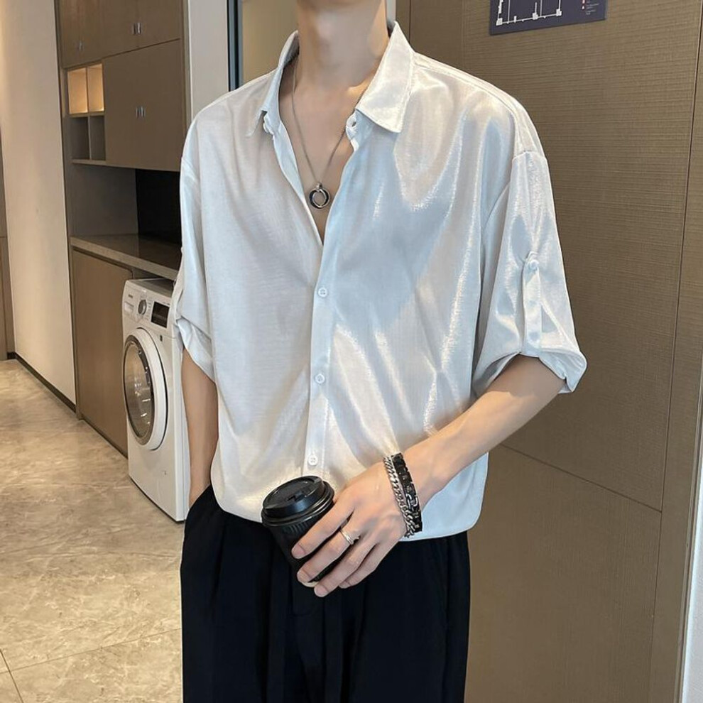 (XS, white) Summer Men Shiny Casual Shirt Trendy Handsome Shirts Fashion Loose Half Sleeve Tops Personality Clothing