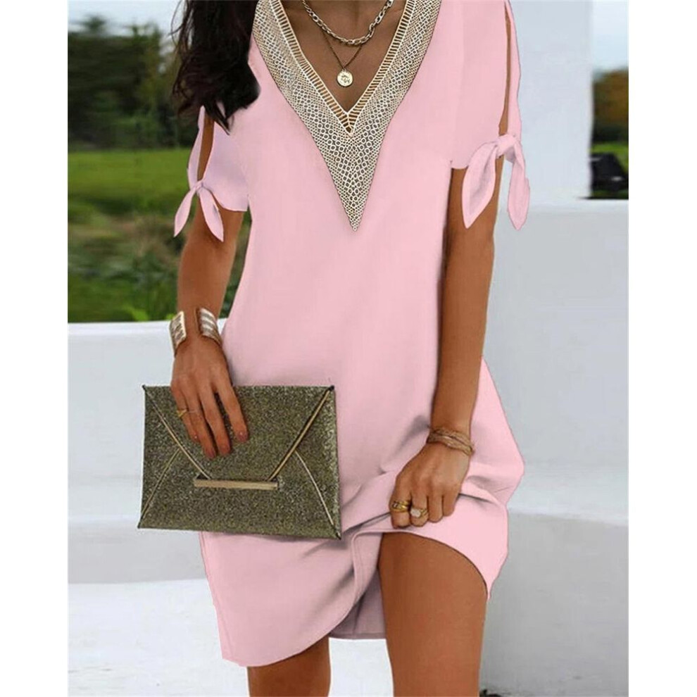 (pink, XL) Women Dresses  Short Sleeved Slit Cuff Bow Boho V Neck Solid Color Neckline Elegant Lace Mid Dress