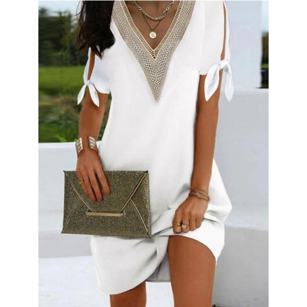 (white, 4XL) Women Dresses  Short Sleeved Slit Cuff Bow Boho V Neck Solid Color Neckline Elegant Lace Mid Dress