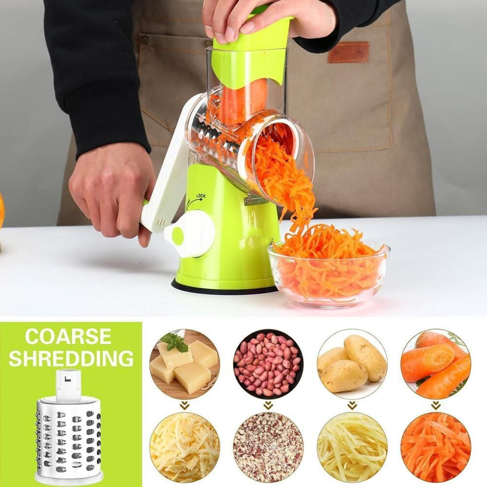 (green) Kitchen Rotary Cheese Grater Hand Crank Cheese Shredder For Fresh Cheese, Vegetable, Nuts, Three Blades, Multifunctional Garlic Potato Shredder