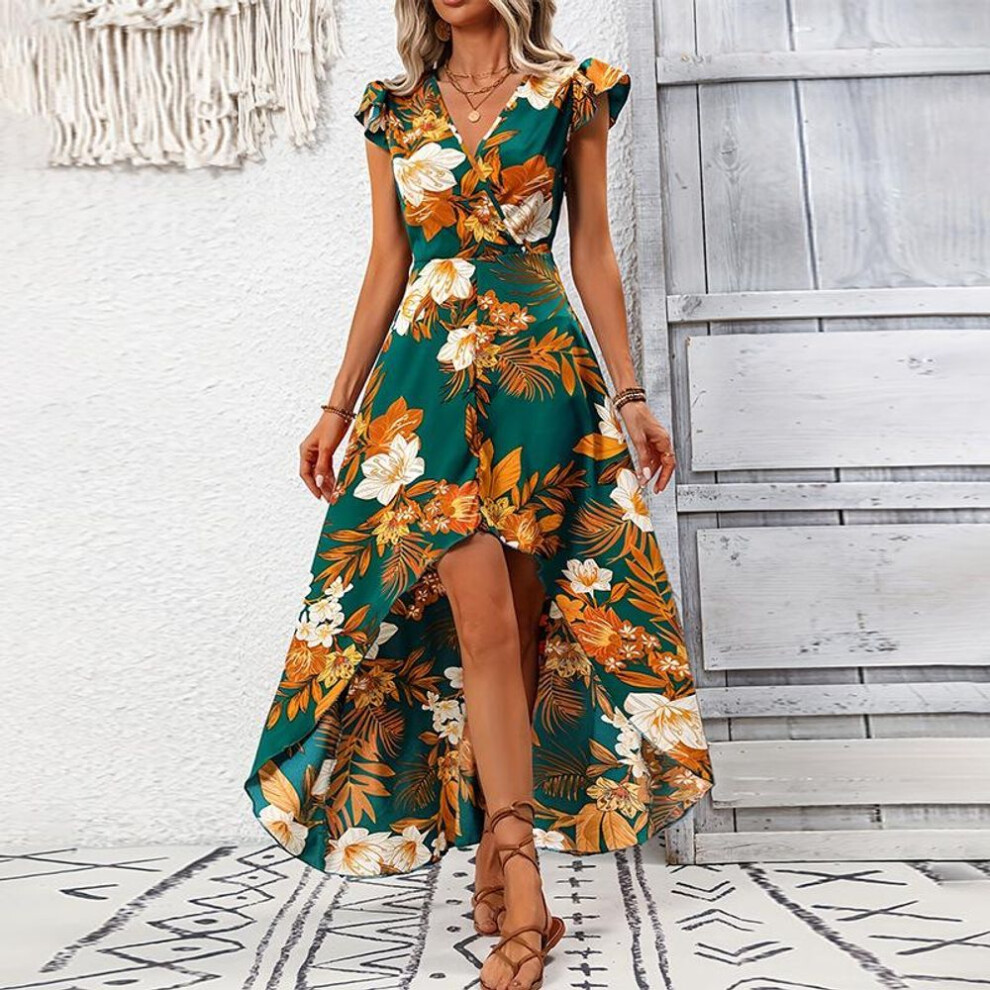 (as the picture, XL) Summer Fashion Irregular Women Dress French Vacation Style Flower Print Flying Sleeve High Waist Beach Woman Sexy V-neck Dresses