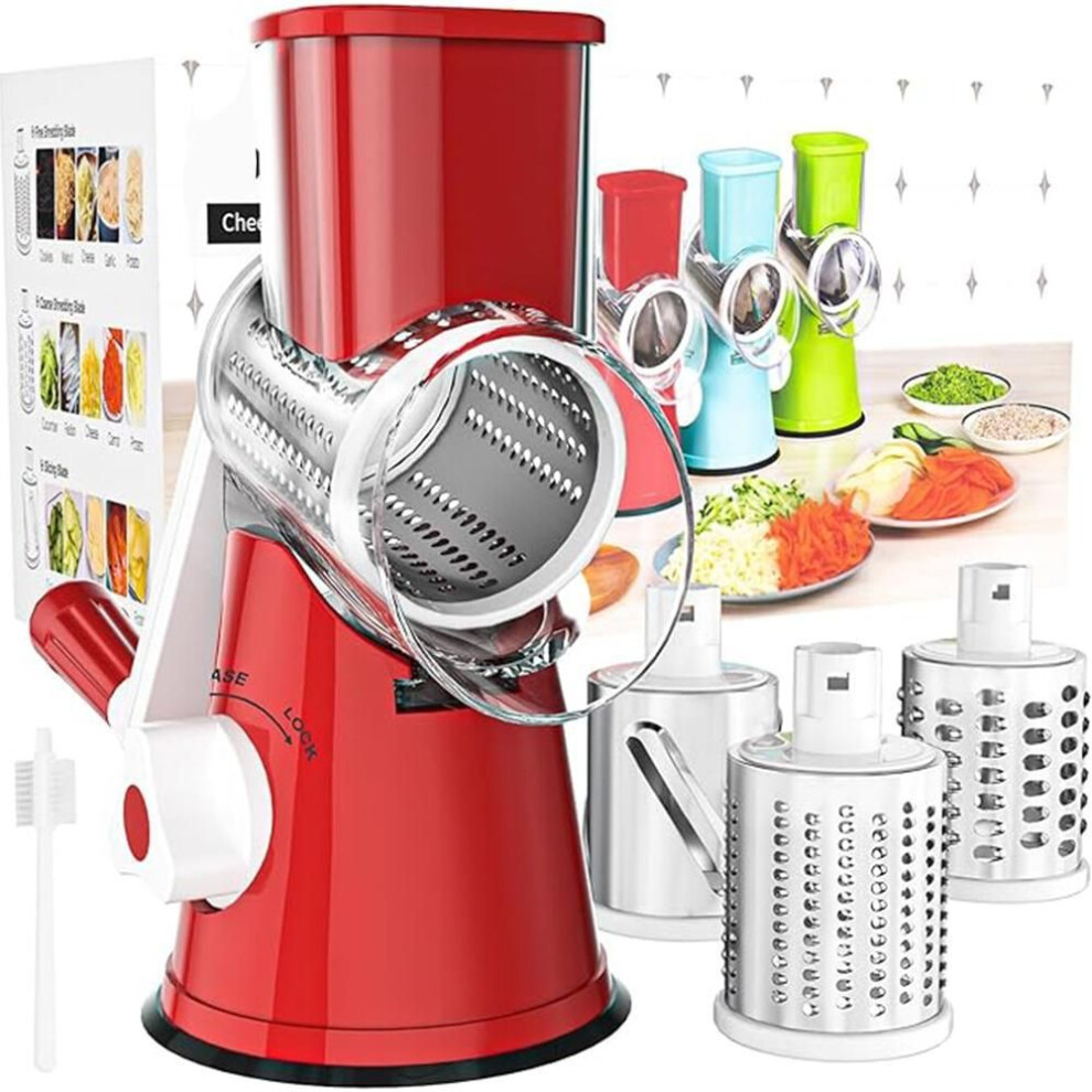 (red) Kitchen Rotary Cheese Grater Hand Crank Cheese Shredder for Fresh Cheese, Vegetable, Nuts, Three Blades, Multifunctional Garlic Potato Shredder