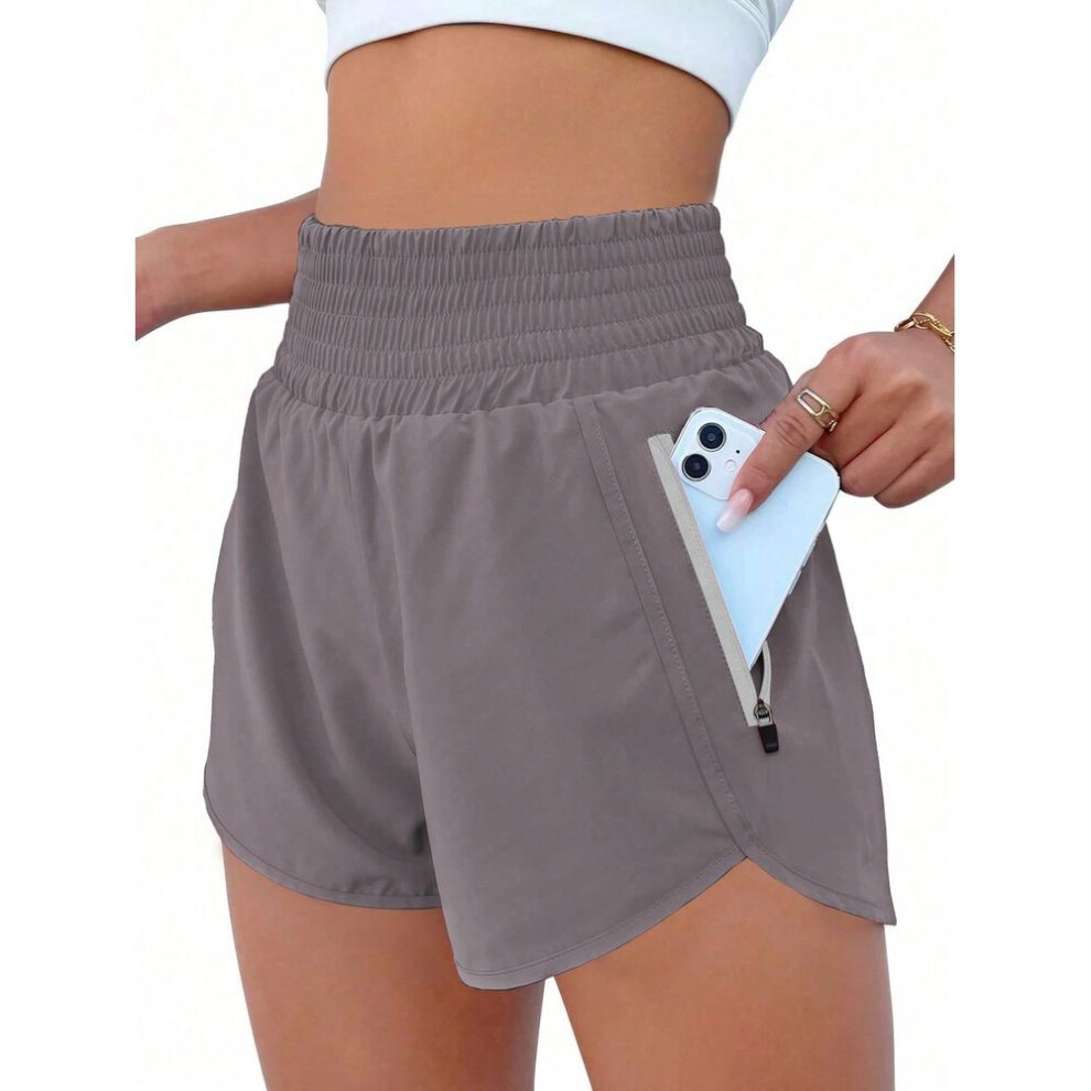 (brown, XS) Women's Athletic Shorts High Waisted Running Shorts Pocket Sporty Short Gym Elastic Workout Shorts