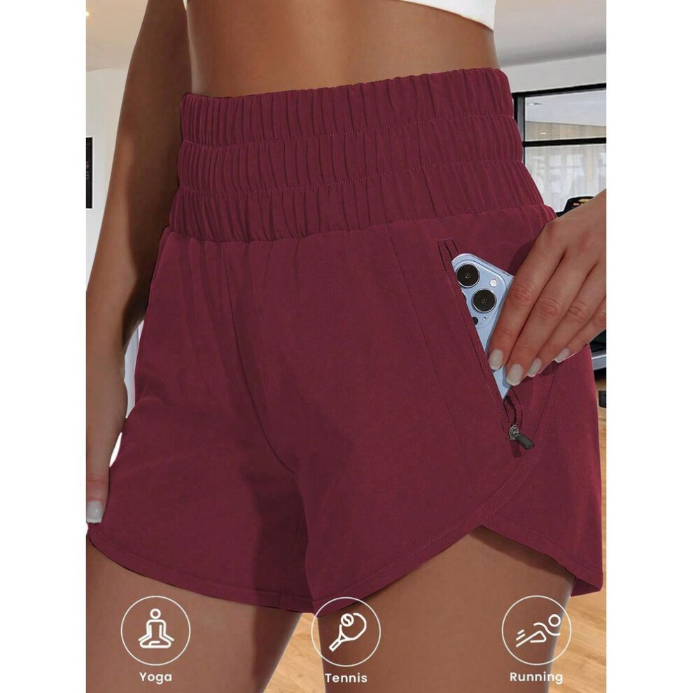 (wine red, M) Women's Athletic Shorts High Waisted Running Shorts Pocket Sporty Short Gym Elastic Workout Shorts