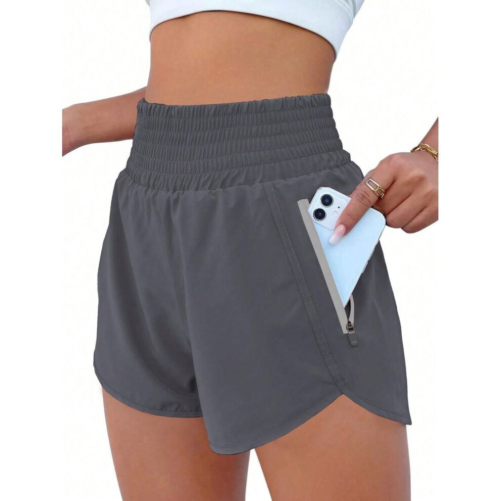 (dark grey, M) Women's Athletic Shorts High Waisted Running Shorts Pocket Sporty Short Gym Elastic Workout Shorts