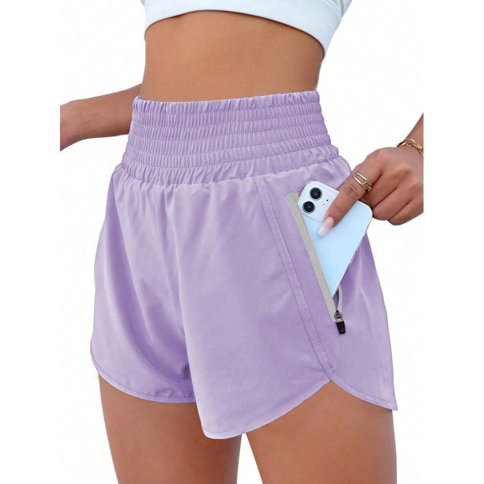 (purple, XS) Women's Athletic Shorts High Waisted Running Shorts Pocket Sporty Short Gym Elastic Workout Shorts