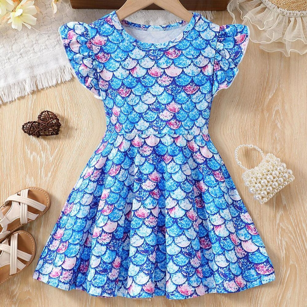 (as the picture, 110(4-5Y)) Dress For Kids 1-8 Years Old Girls Birthday Fashion Ruffled Sleeve Mermaid Print Cute Princess Dresses