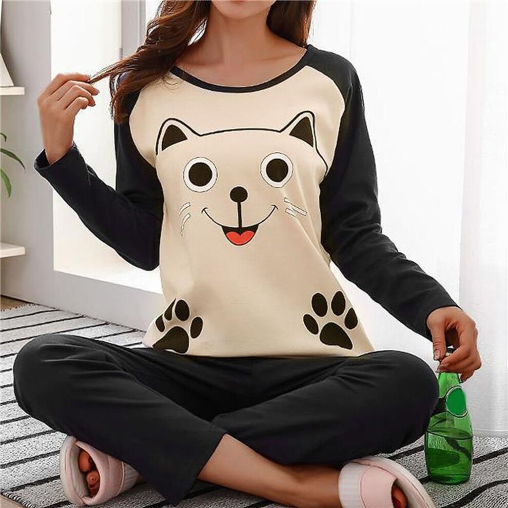 (XXL, black) Autumn Thin 2pieces Pyjamas Set Women Cotton Round Neck Girls Bear Pajamas Sets Teacup Cat Full Sleepwear Tops Pajama