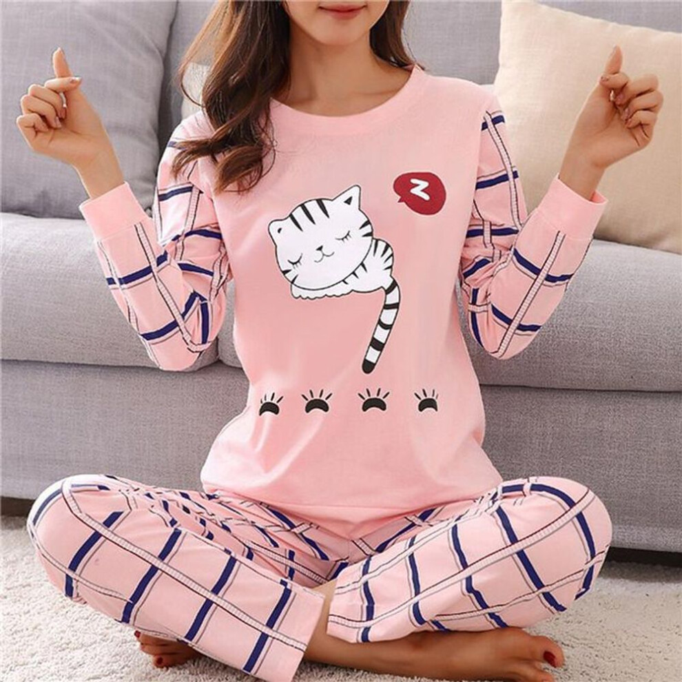 (XL, pink) Autumn Thin 2pieces Pyjamas Set Women Cotton Round Neck Girls Bear Pajamas Sets Teacup Cat Full Sleepwear Tops Pajama