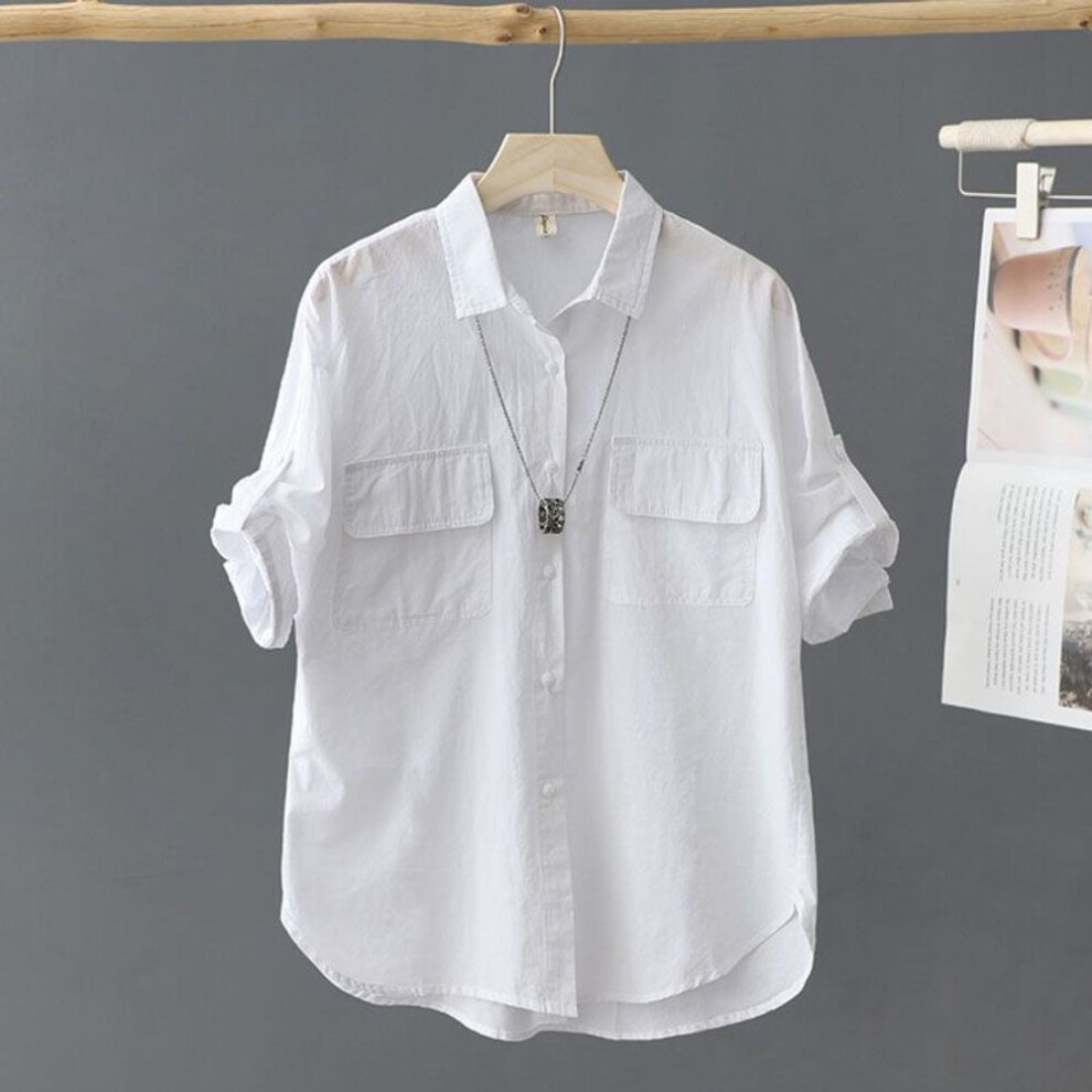 (XL, white) Turn-down Neck Pink Solid Short Sleeved Loose Shirt And Blouse Clothes Top Casual Single Breasted Spring Simple OL Outerwear