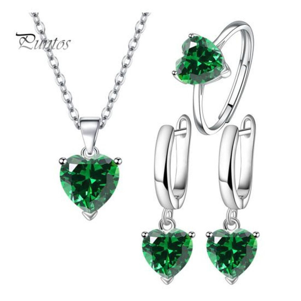 (green) 3 Pcs/set Women Jewelry Set Heart Cubic Zirconia Huggie Earrings Adjustable Necklace Bride Ring Prom Party Wedding Jewelry