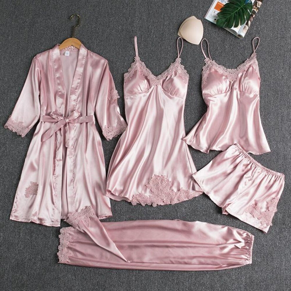 (S, pink) Home Clothing 5pcs Sleep Set Intimate Lingerie Women Pajamas Suit Long Sleeve Lace Velvet Homewear Pyjamas