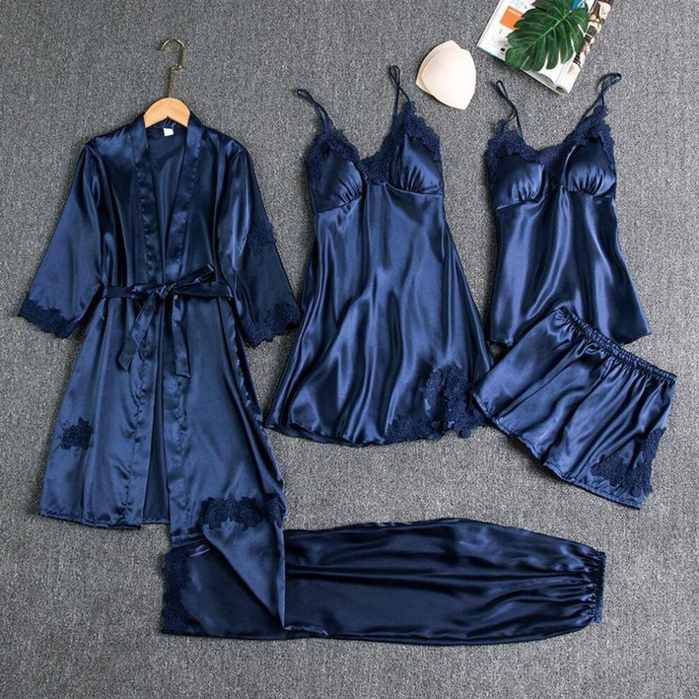 (XS, navy blue) Home Clothing 5pcs Sleep Set Intimate Lingerie Women Pajamas Suit Long Sleeve Lace Velvet Homewear Pyjamas