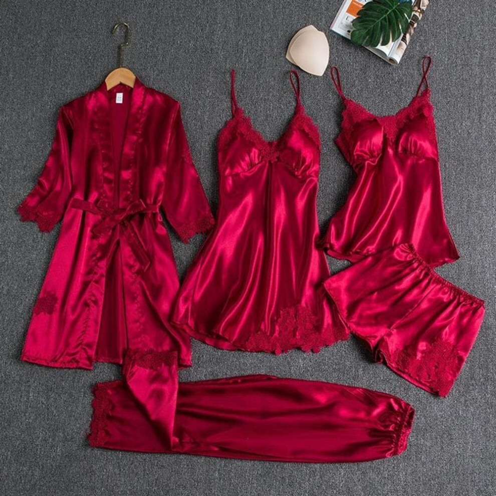 (XXXL, wine red) Home Clothing 5pcs Sleep Set Intimate Lingerie Women Pajamas Suit Long Sleeve Lace Velvet Homewear Pyjamas