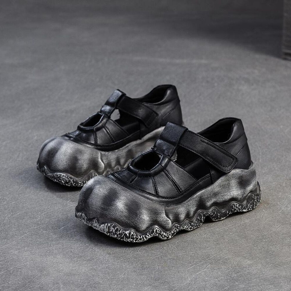 (black, 35) Johnature Thick Soled Retro Anti Slip Women's Flat Shoes Genuine Leather Versatile Roman Sandals