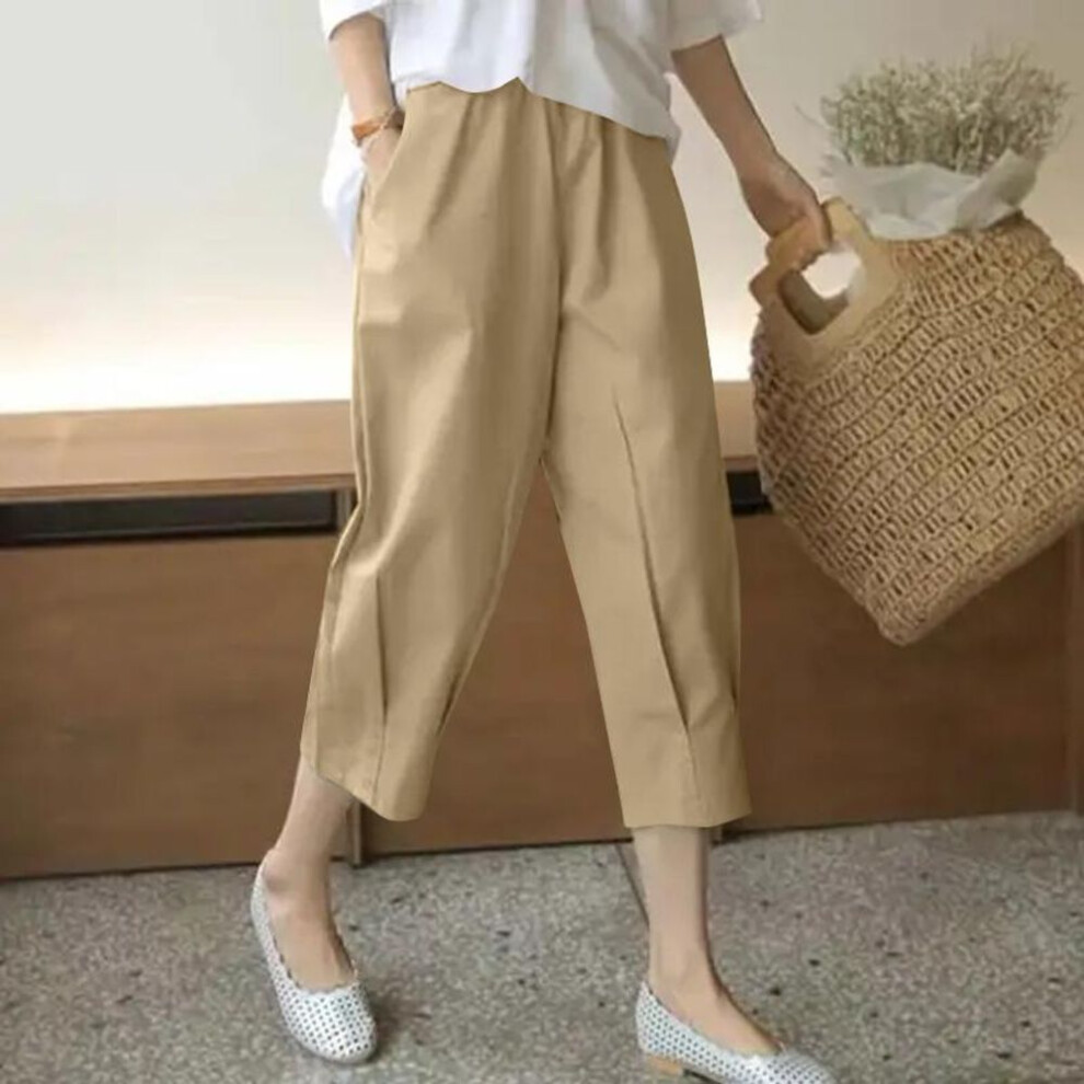 (khaki, 2XL) ZANZEA Women Summer Pleated Mid-Waist Cropped Pants