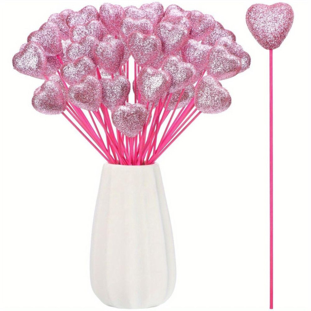 (pink) 50 Pcs Valentine's Day Sparkly Glitter Foam Hearts Picks Foam Hearts Stems Wooden Glitter Heart Puffy Heart Picks For Valentine Flower Arrangements
