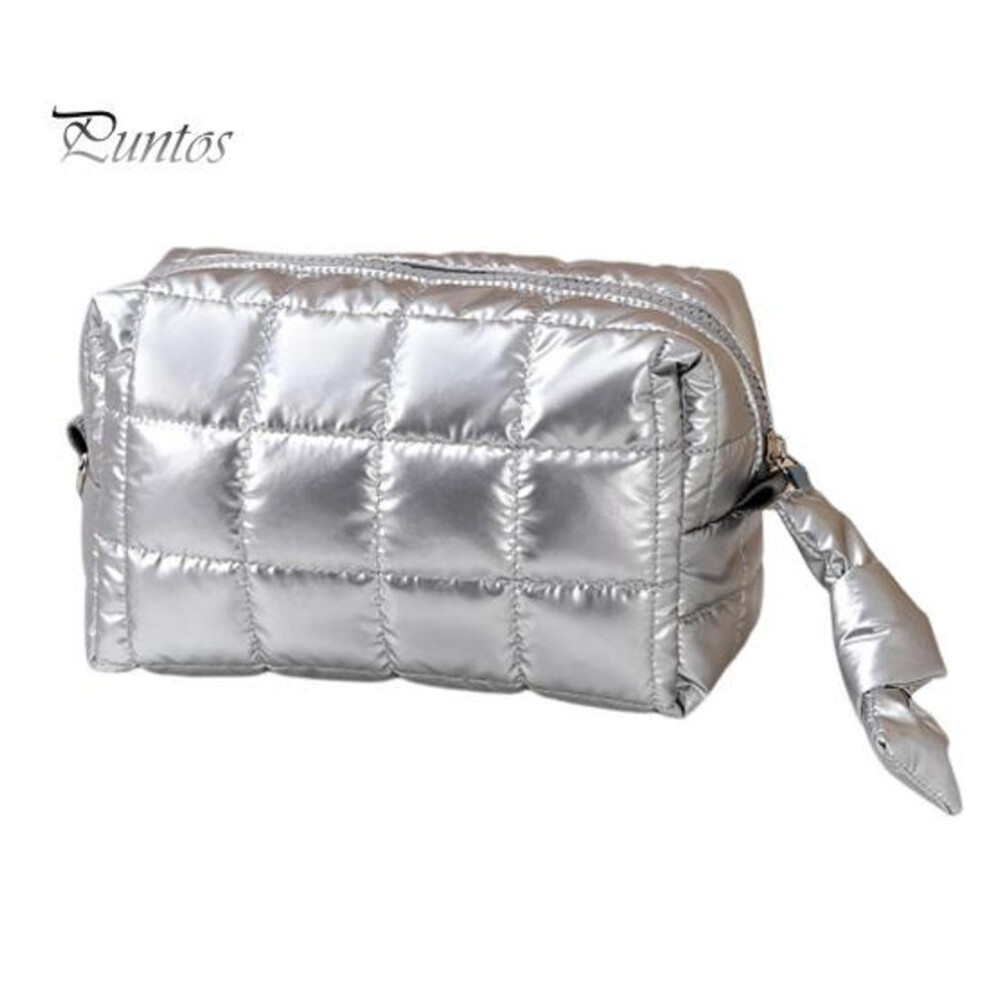 (silver, B) Cosmetic Bag Quilted Padded Zipper Closure Makeup Brush Storage Bag Collapsible Reusable Makeup Organizer Toiletries And Beauty Tools Pouch