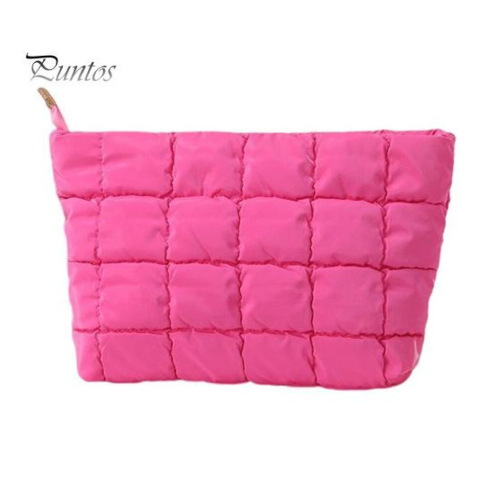 (rose red, A) Cosmetic Bag Quilted Padded Zipper Closure Makeup Brush Storage Bag Collapsible Reusable Makeup Organizer Toiletries And Beauty Tools Pouch