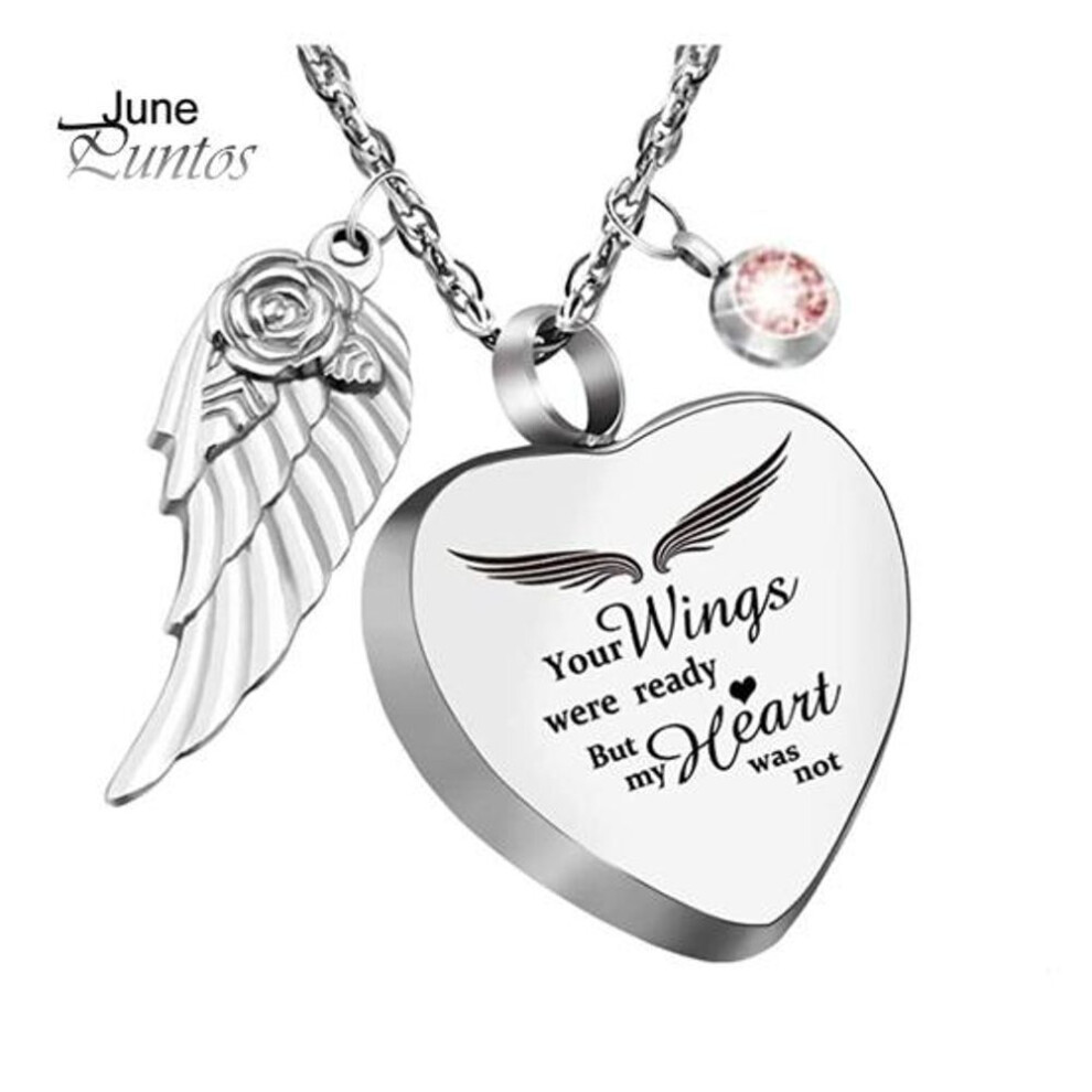 (as the picture, F) January To December Birthstone Heart Necklace With Angel Wings Bone Ash Storage Red Rhinestone Personalized Gift For Friends And Lovers Daily Wear