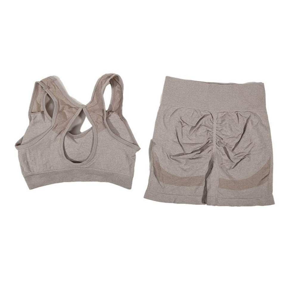 (khaki, M) Women's Yoga Set Peach High Waist Hip Lifting Sports Set Gathering Shockproof Quick Dried Running Pants Fitness Yoga Clothes