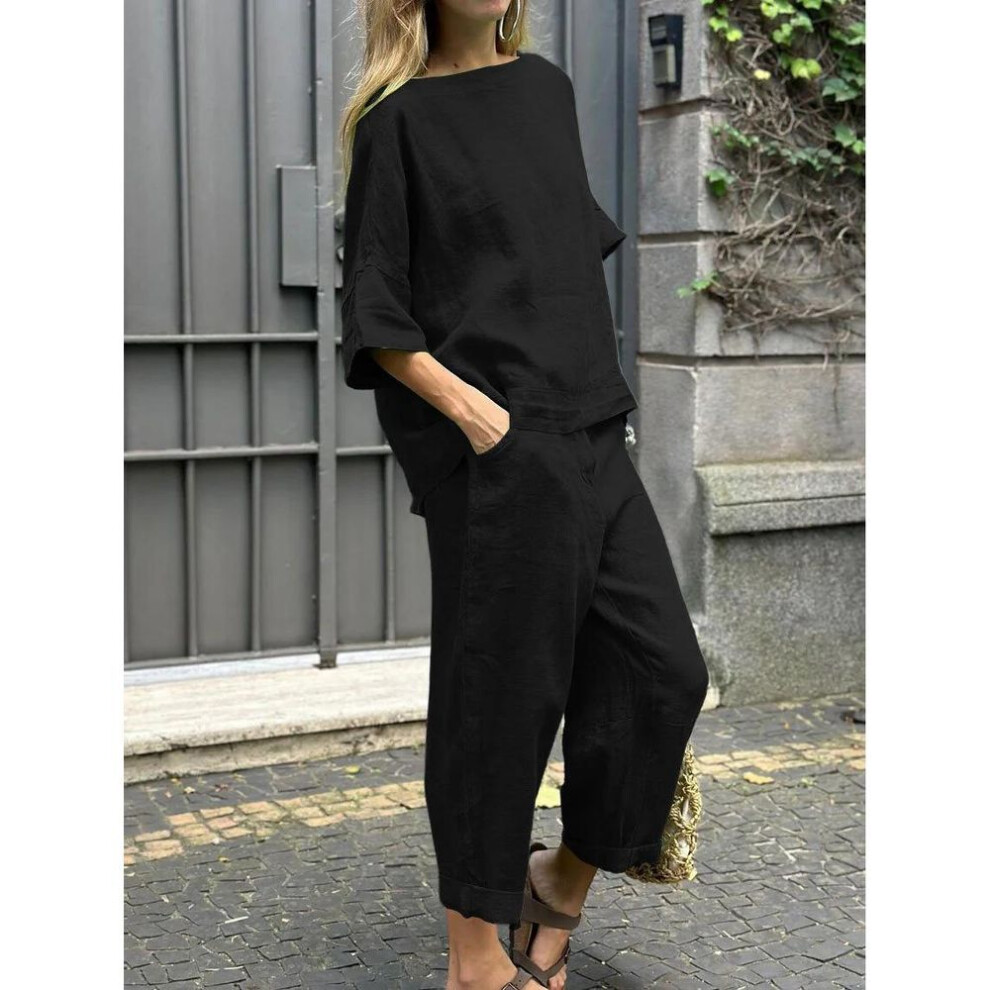 (black, 5XL) Spring/summer Loose-fit Cotton Linen High-waist Shirt And Trousers Leisure Sports Suit